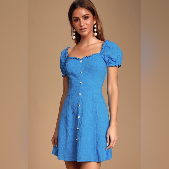 Lulus Asher Blue Embroidered Button-Front Puff Sleeve Dress - Picture 1 of 11